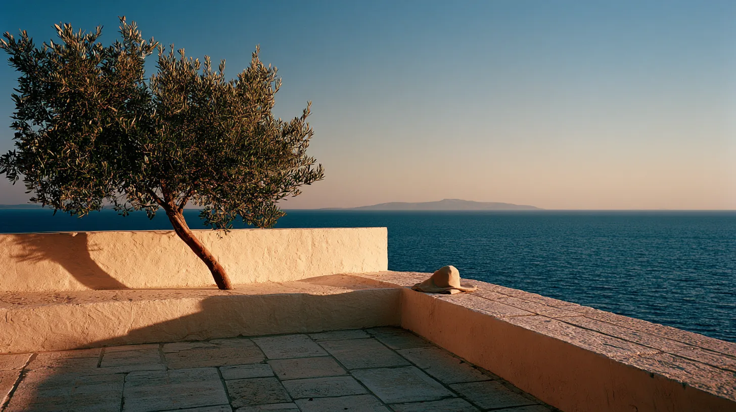 A Bodrum workspace at warm late afternoon — where the brief is written.